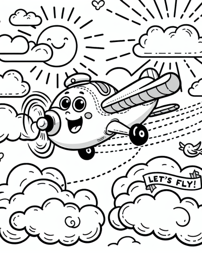 Airplane Flying Through Clouds Color Sheet - Fun Color Page for Kids