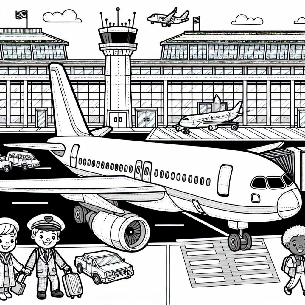 Exciting airport color sheet with airplanes, people, and airport scenes for kids to color