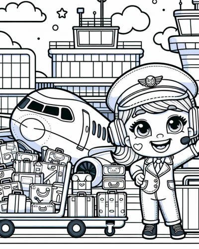 Airplane, pilot, and luggage at the airport color sheet, color page