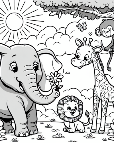 Animal Color Page with Elephant, Lion, Giraffe, and Monkey