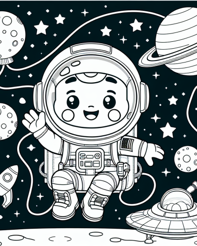A color sheet for kids featuring a young astronaut floating in outer space with planets, stars, and a spacecraft.