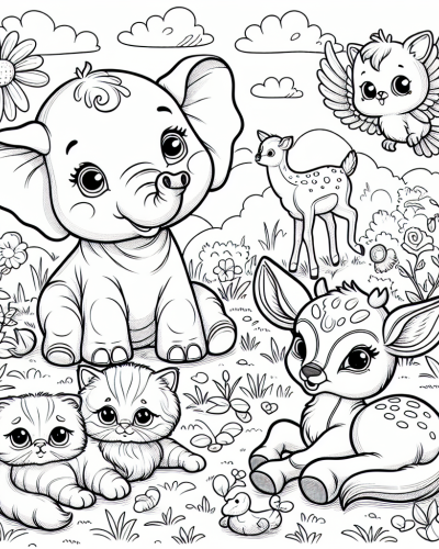 Adorable Animal Friends color sheet featuring a baby elephant, kittens, and a deer in a natural setting.