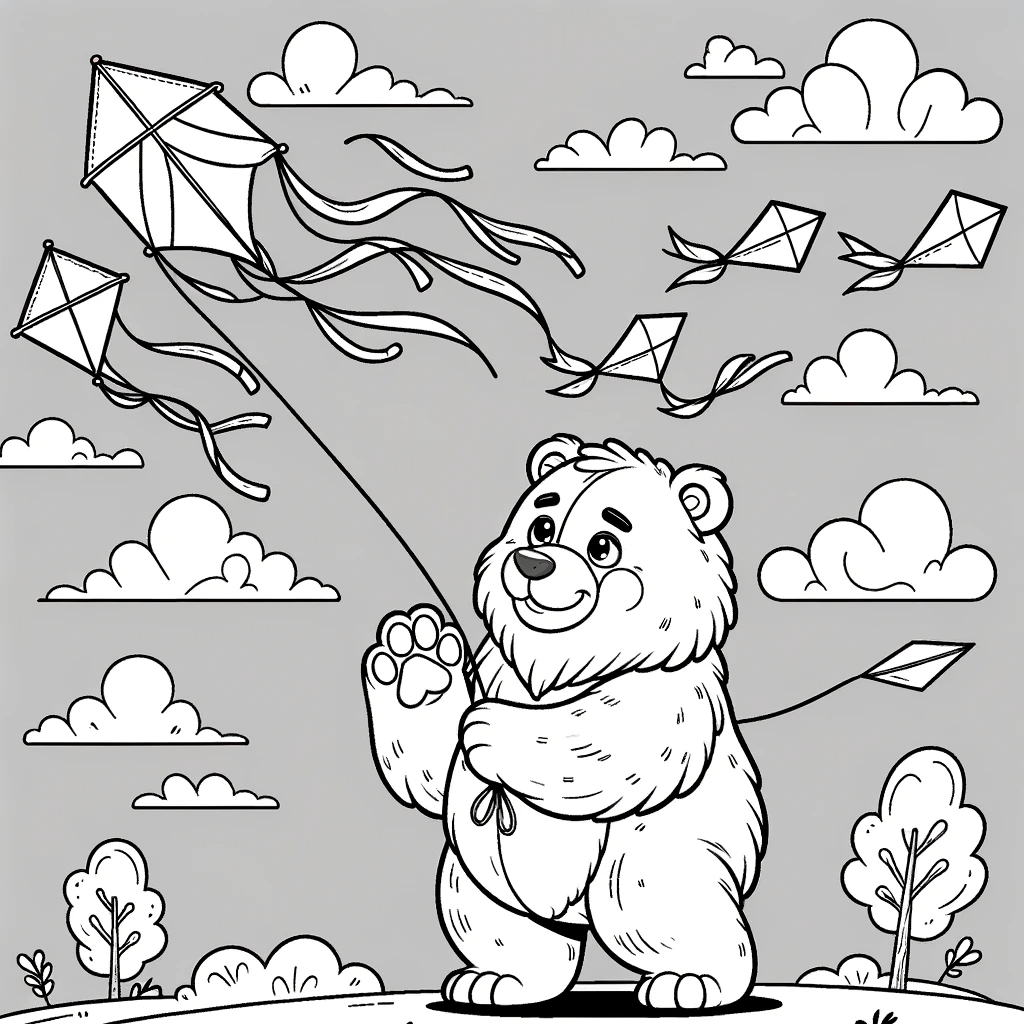 Coloring Page: Charming Bear Kite Adventure - Free Color Page for Kids