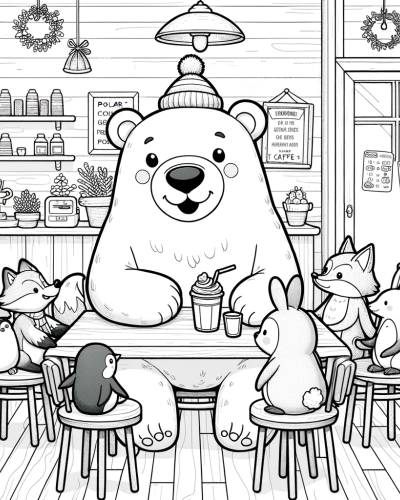 Illustrative color sheet of a bear and animal friends in a caf� for a kids' coloring page