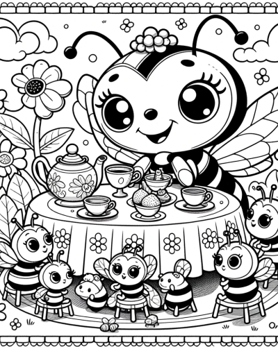 Kids� color sheet of bees at a tea party, perfect for coloring practice