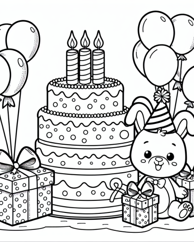 A cute bunny celebrating its birthday with gifts and balloons - a perfect color sheet and color page for kids