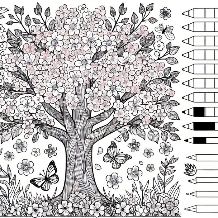Coloring Page: Flowering Tree Color Page for Kids