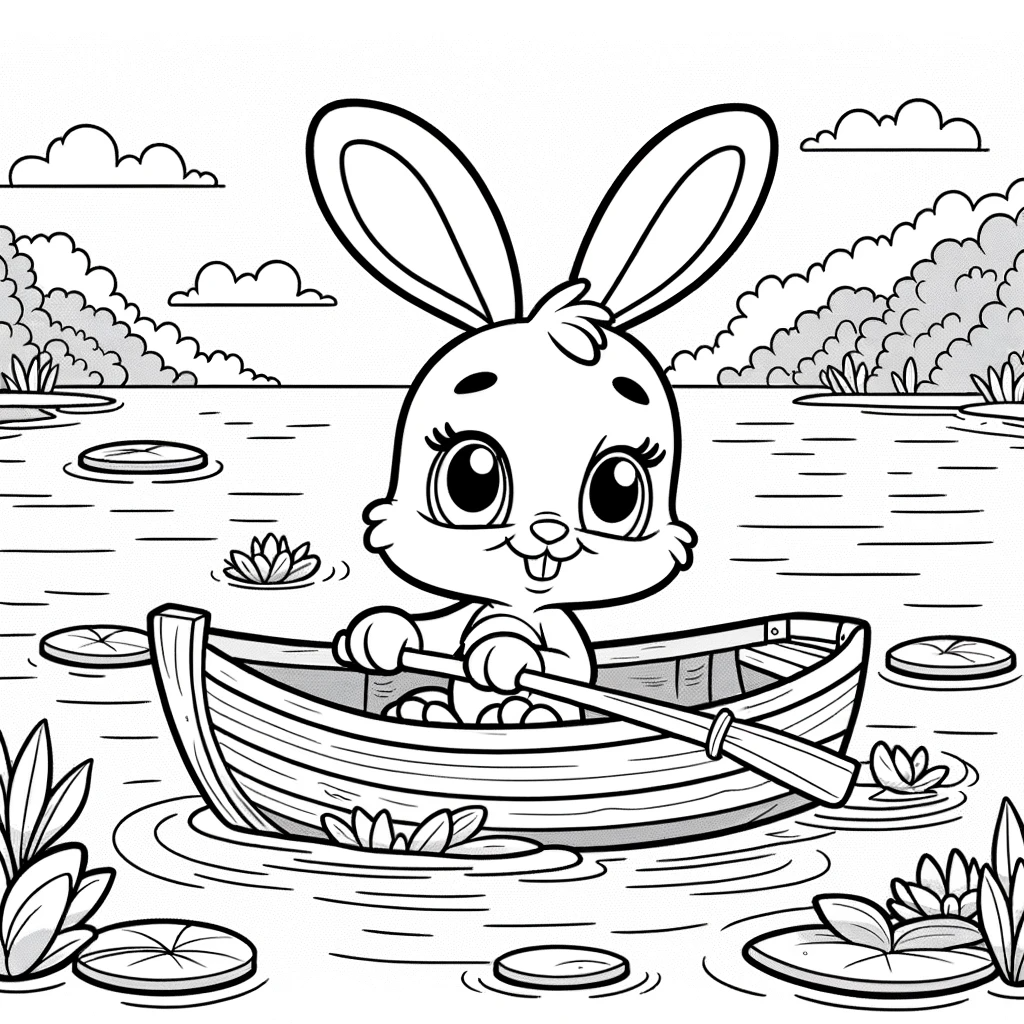 Cute bunny in a boat color sheet, printable color page for kids