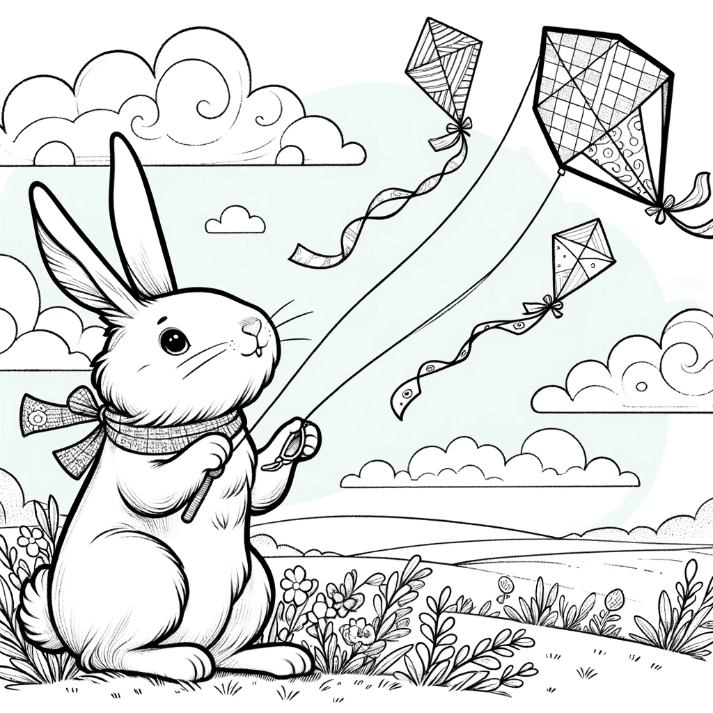 Illustration of a bunny with kites color sheet, printable color page for kids