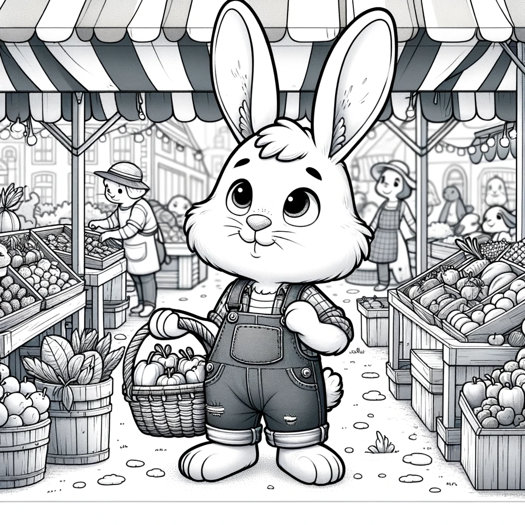 Colorful rabbit at a market - color sheet, color page for children's coloring activity