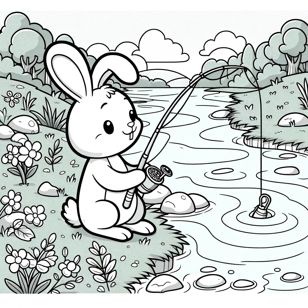 Cute bunny fishing color sheet, printable color page