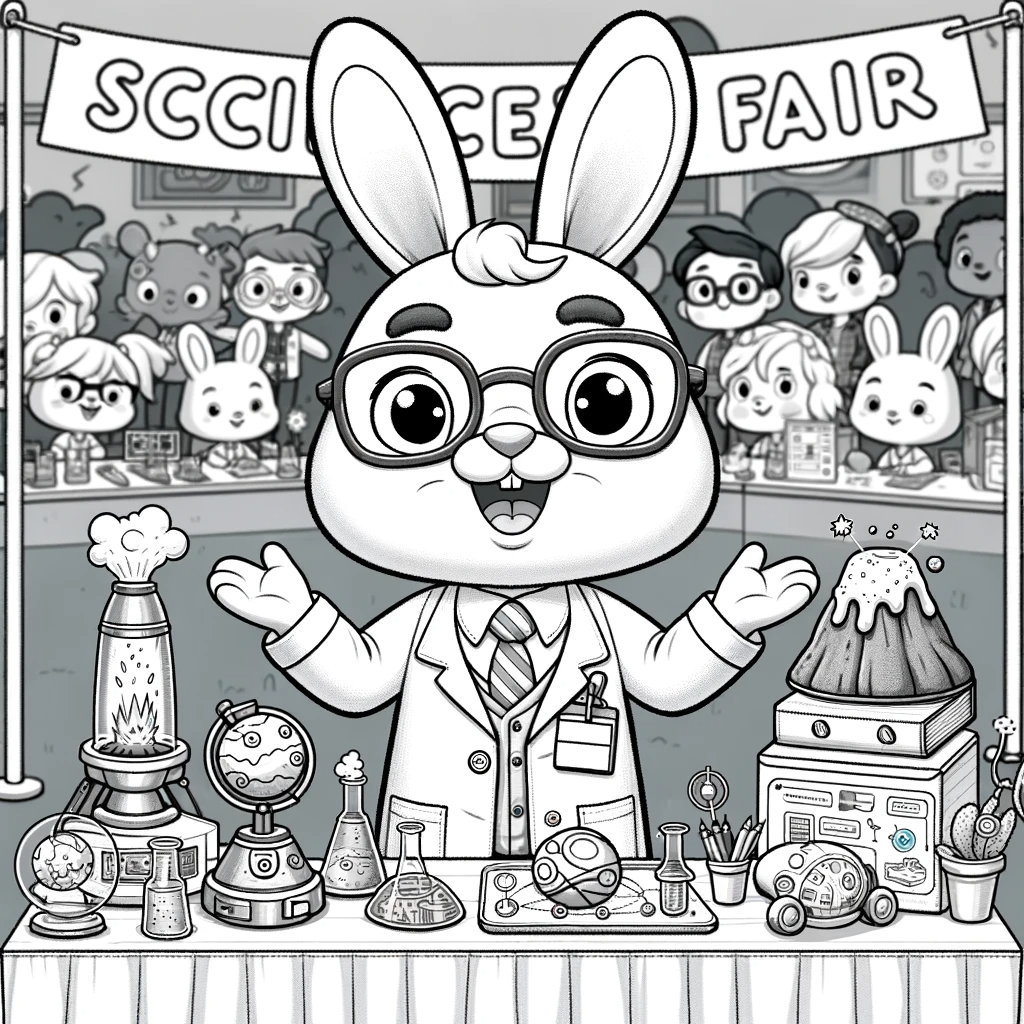 Science Fair Bunny color sheet for kids, perfect for coloring and learning