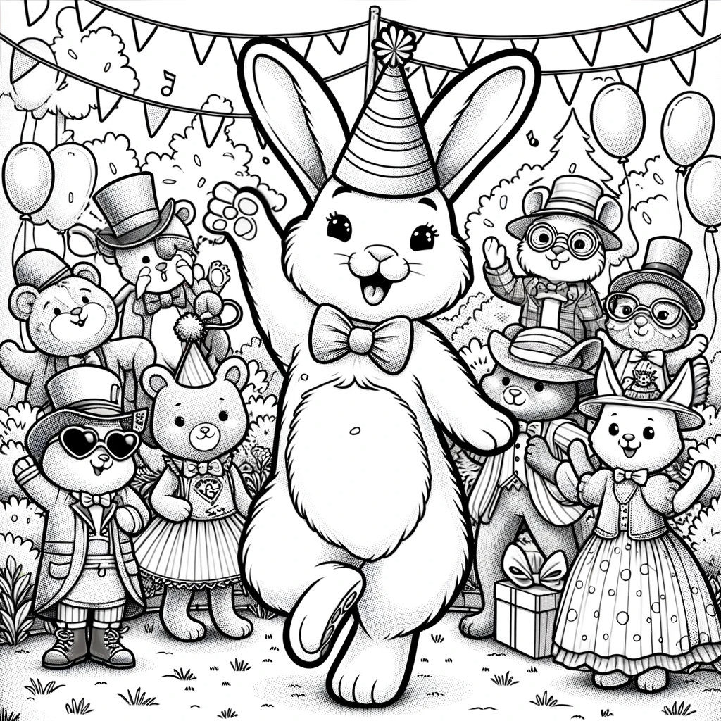 Festive bunny party color sheet, perfect color page for creative fun