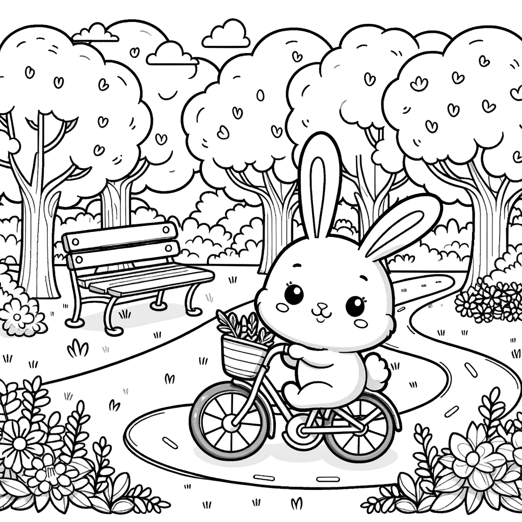 Printable color sheet of a cute bunny riding a bicycle in the park, perfect color page for children's activities