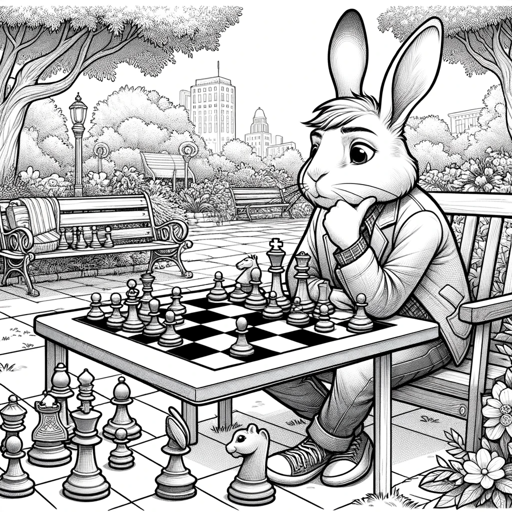 Illustrated color sheet of a rabbit playing chess, great color page activity for kids