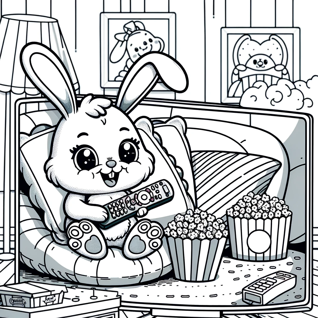 Children's color sheet of a bunny watching TV, color page activity