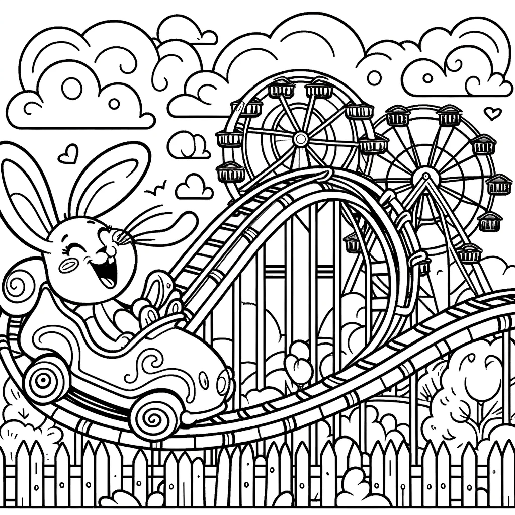 Joyful rabbit on roller coaster color sheet, amusement park color page