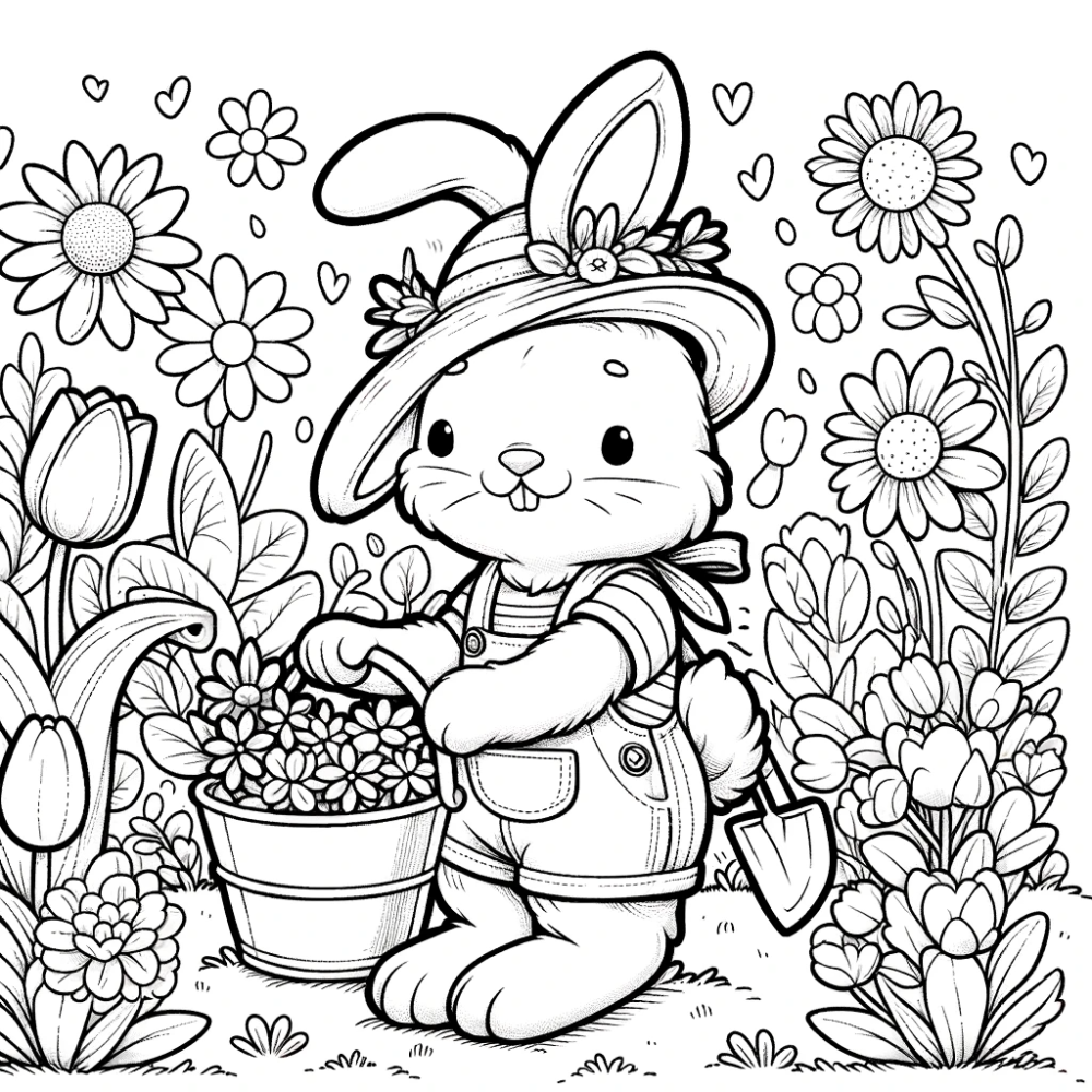 Pretty Garden Rabbit Colouring Coloring Page: Gardening Bunny Color Page for Kids