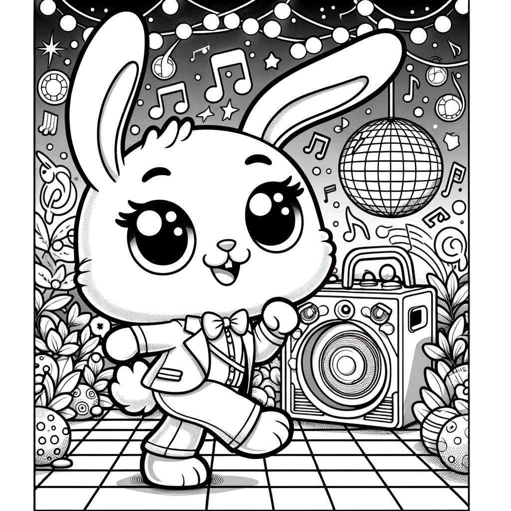Cute bunny with music and disco ball color sheet