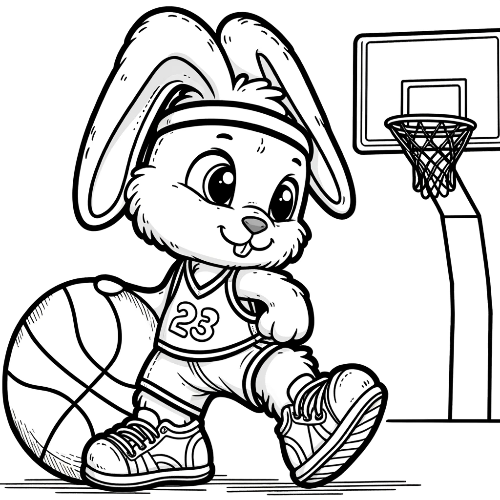Adorable bunny basketball player color sheet for kids