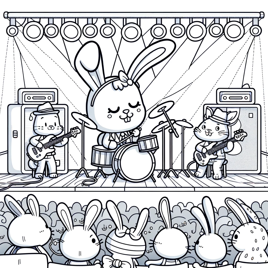 Color sheet of a whimsical bunny band playing music, ideal color page for child development