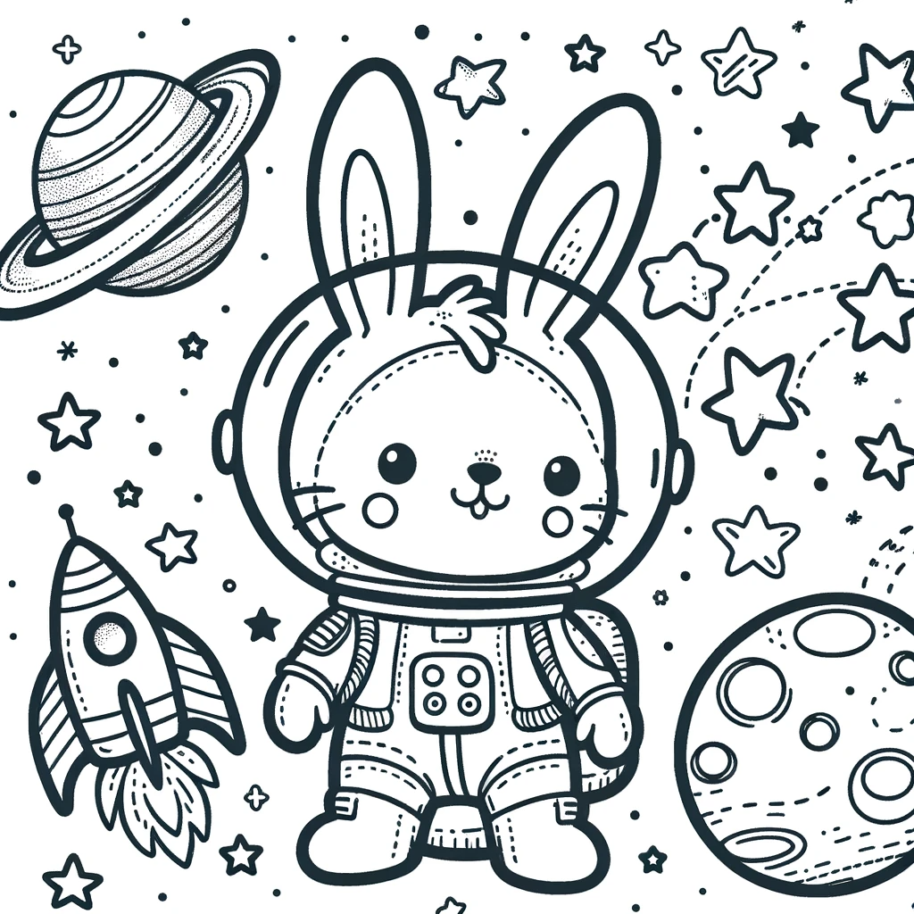 Astronaut bunny color sheet - color page with space elements
