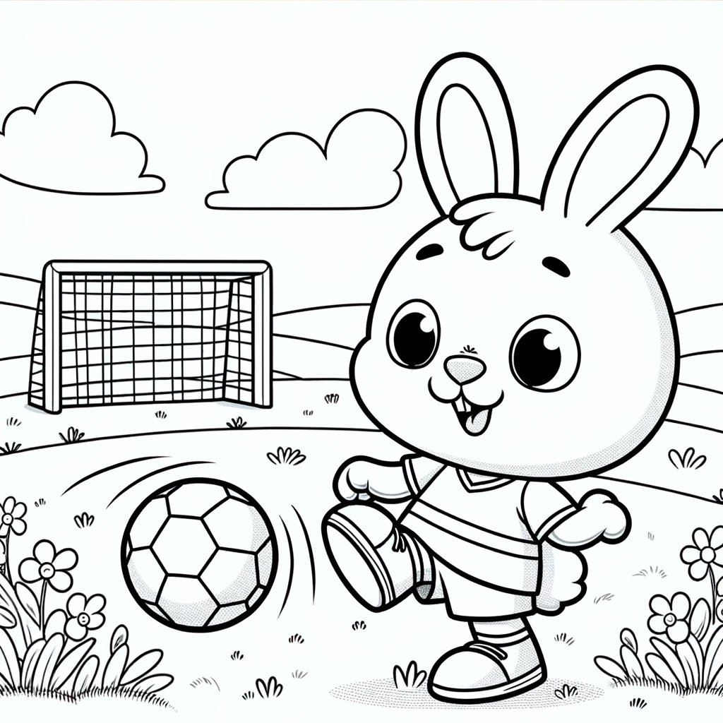 Animated bunny playing soccer color sheet, color page for children's activities