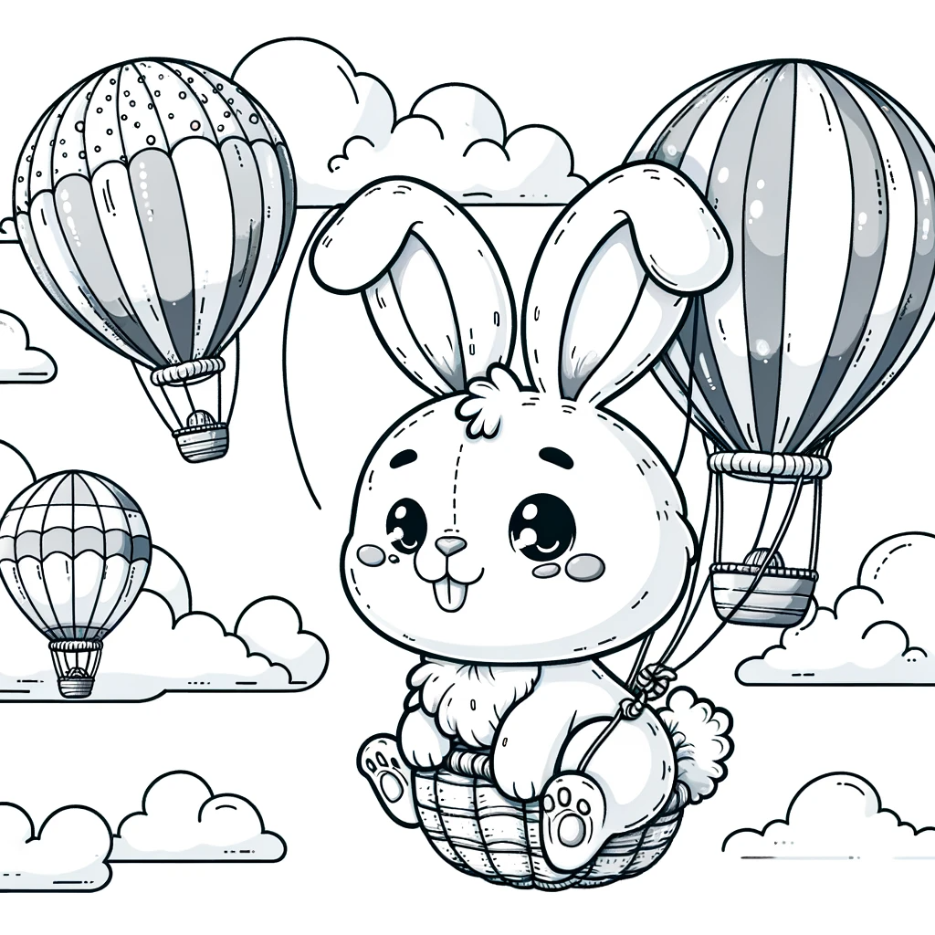 Adorable bunny in a hot air balloon - Kids' color sheet and color page
