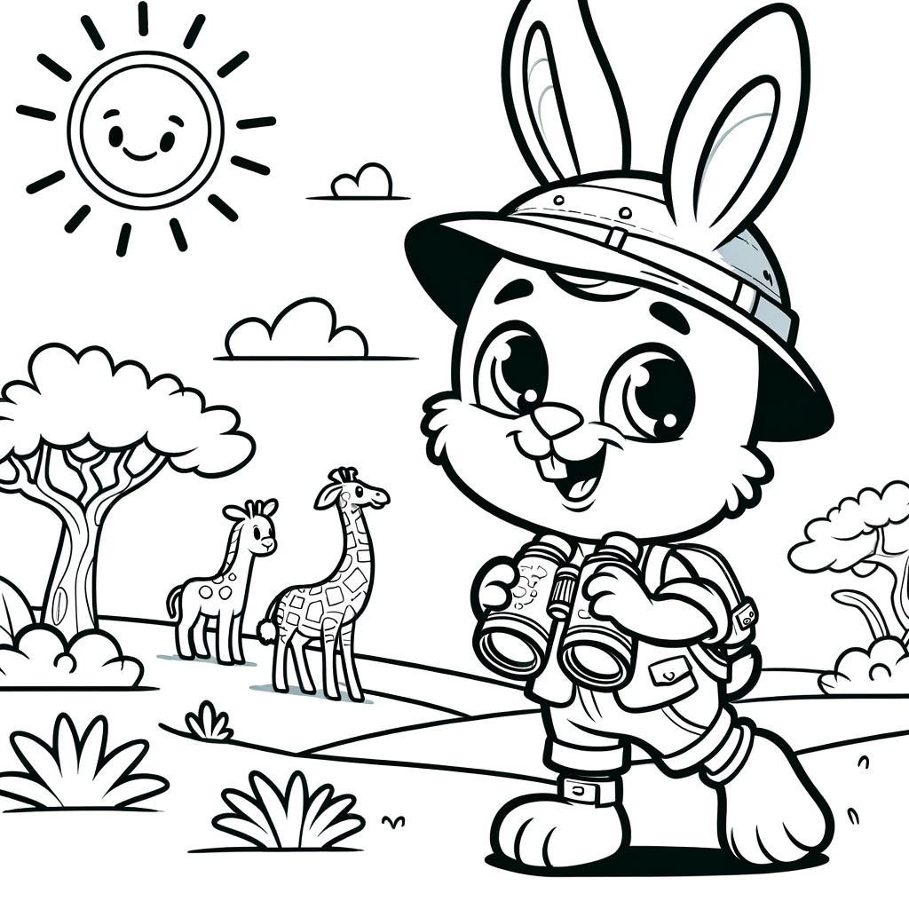 Black and white color sheet of a rabbit with binoculars, perfect for a children's color page activity