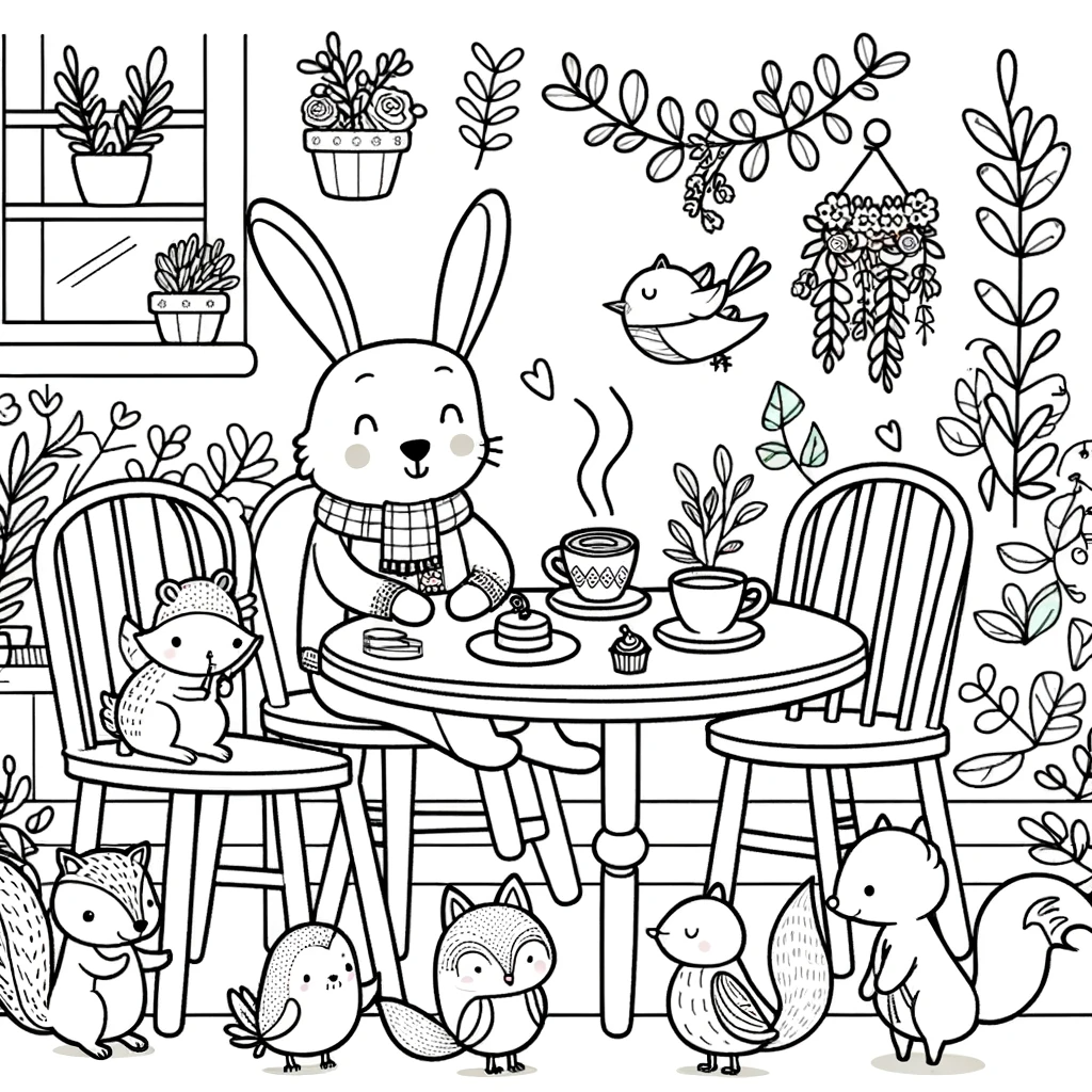 Cute rabbit enjoying tea time surrounded by forest friends - color sheet, color page