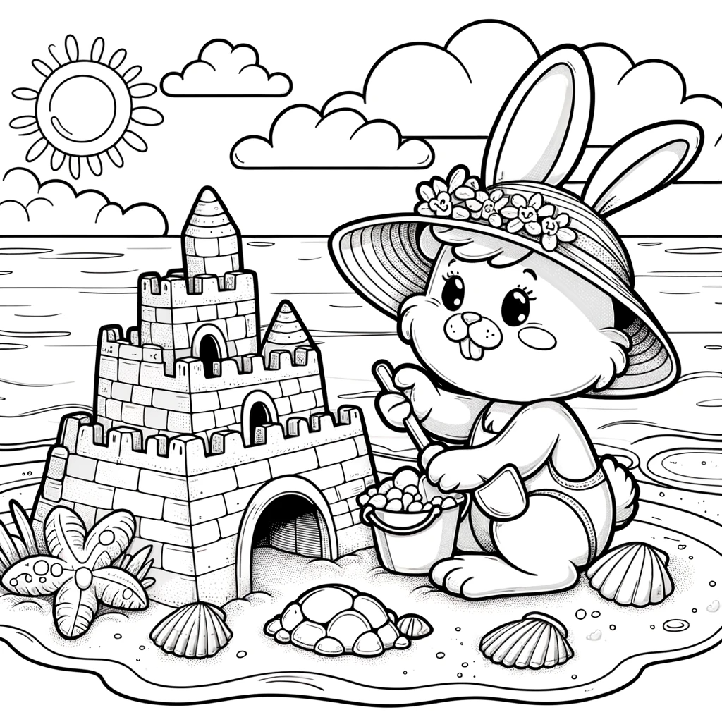 Adorable bunny with a sandcastle color sheet for kids