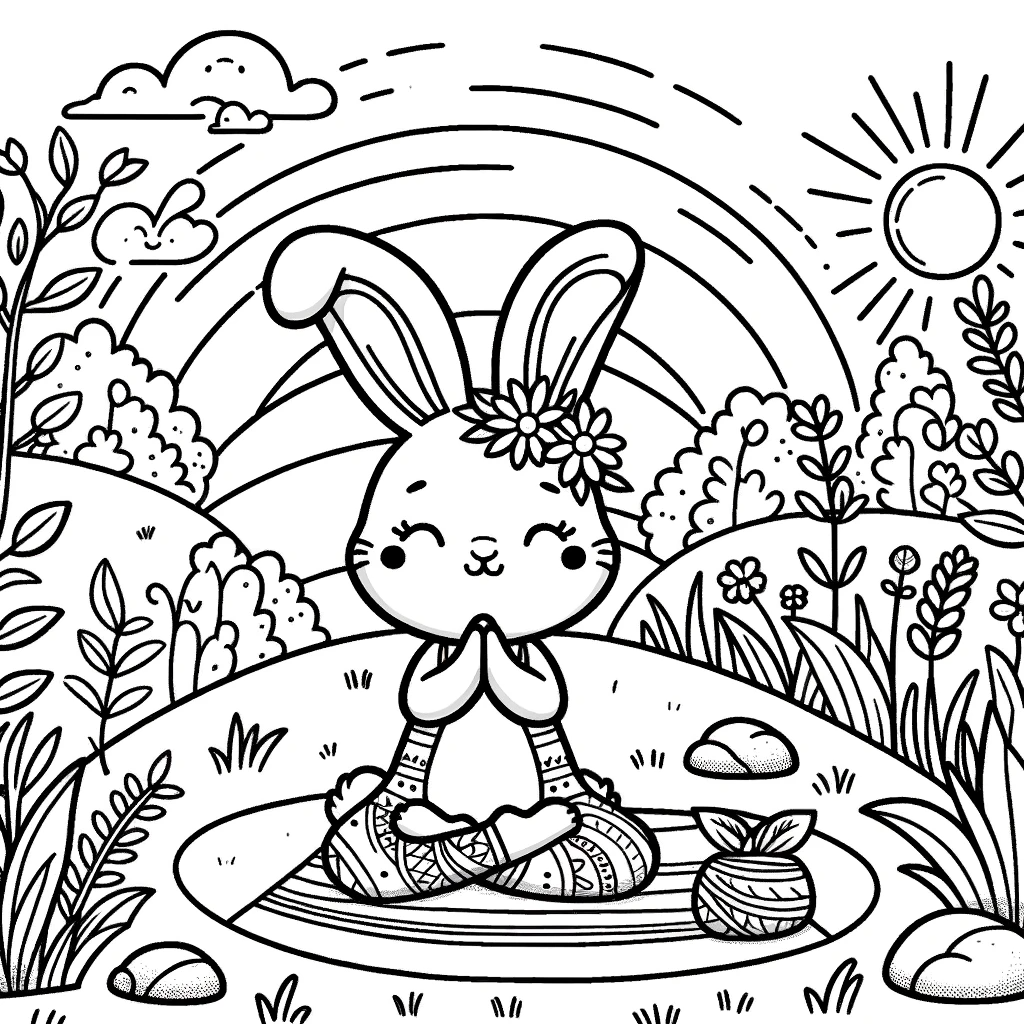 Color sheet of a cute bunny meditating, perfect for color page activities