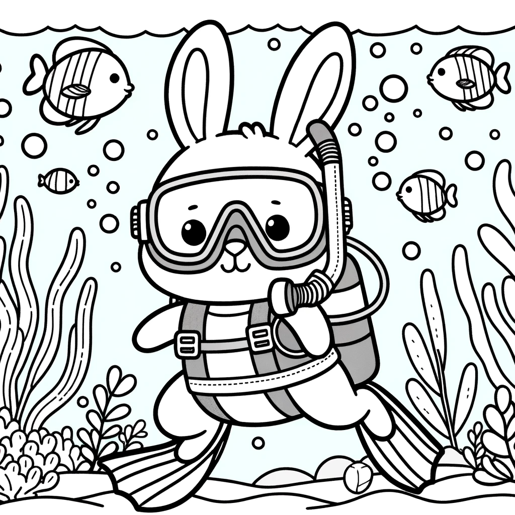 Cute rabbit scuba diving color sheet, perfect for children's coloring activities