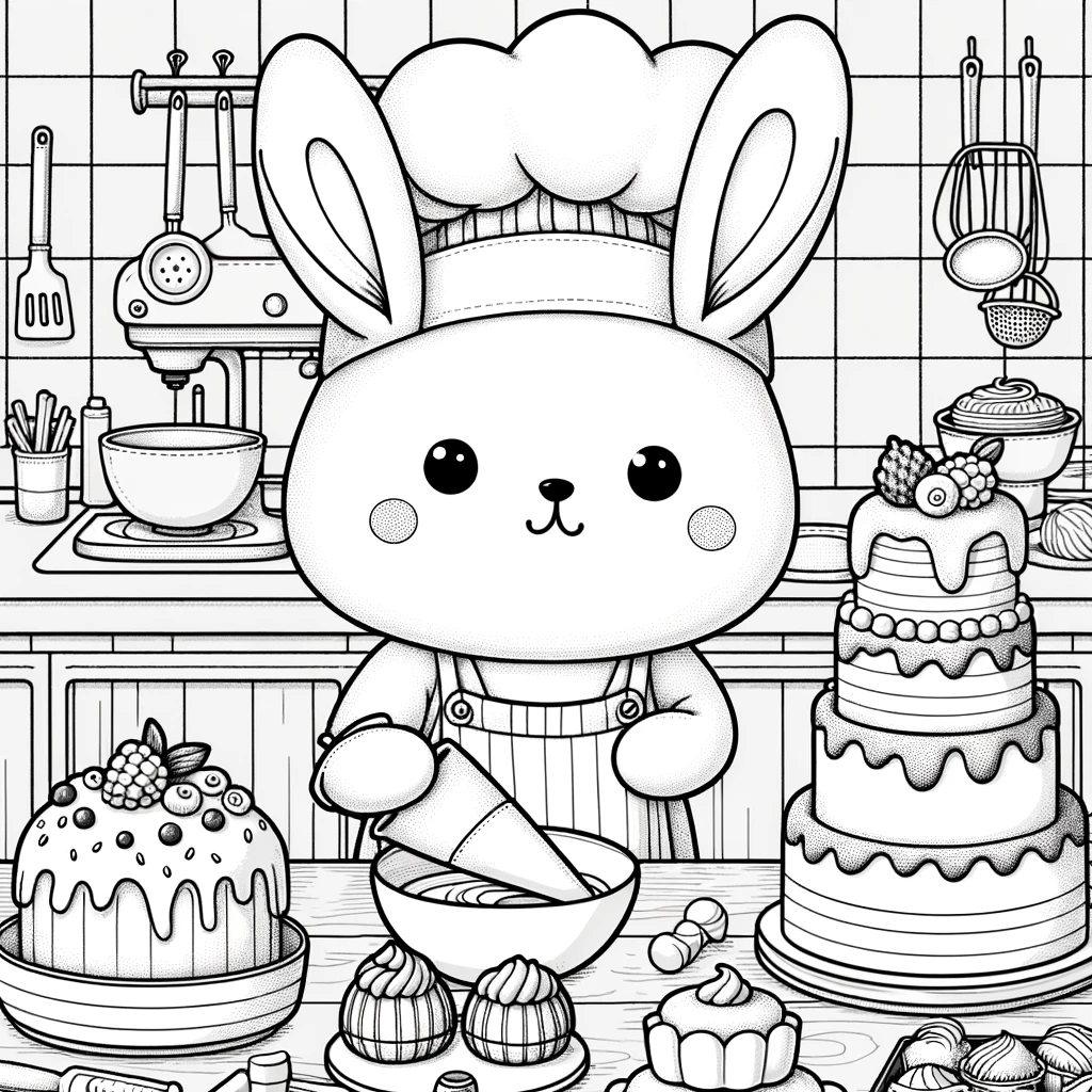 An adorable rabbit chef baking cakes color sheet for kids
