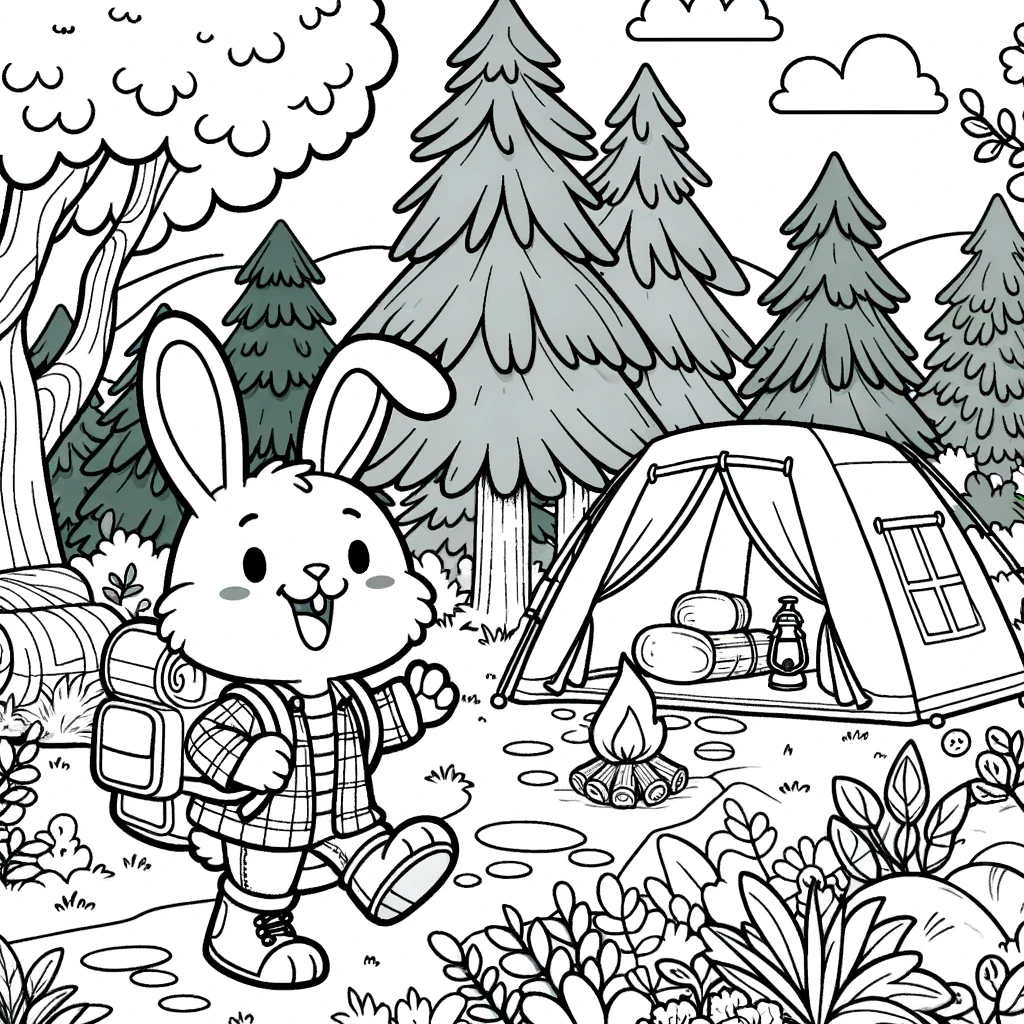 Animated bunny ready for camping - kids' color sheet, color page