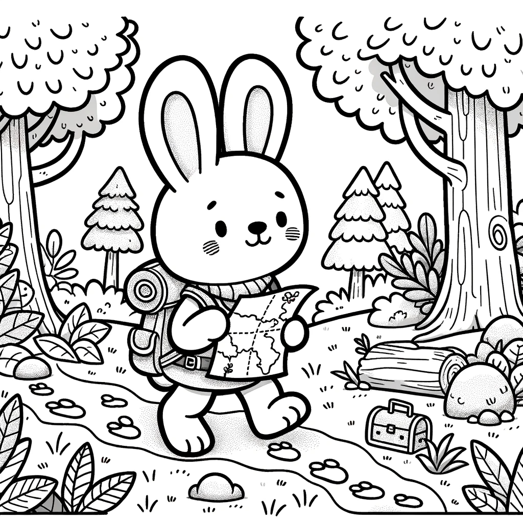Adorable bunny with backpack and map - color sheet, color page
