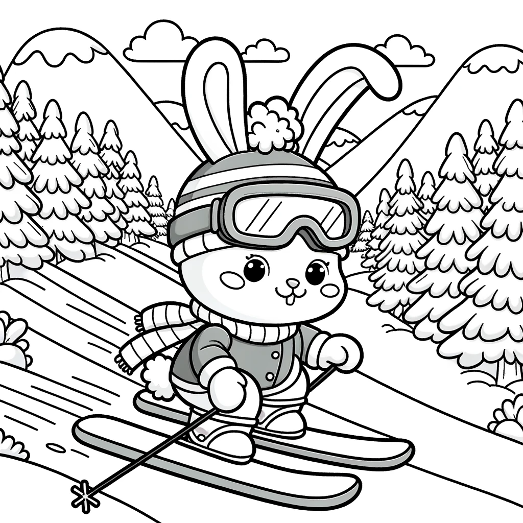 A cheerful rabbit skiing - kids� color sheet, color page activity