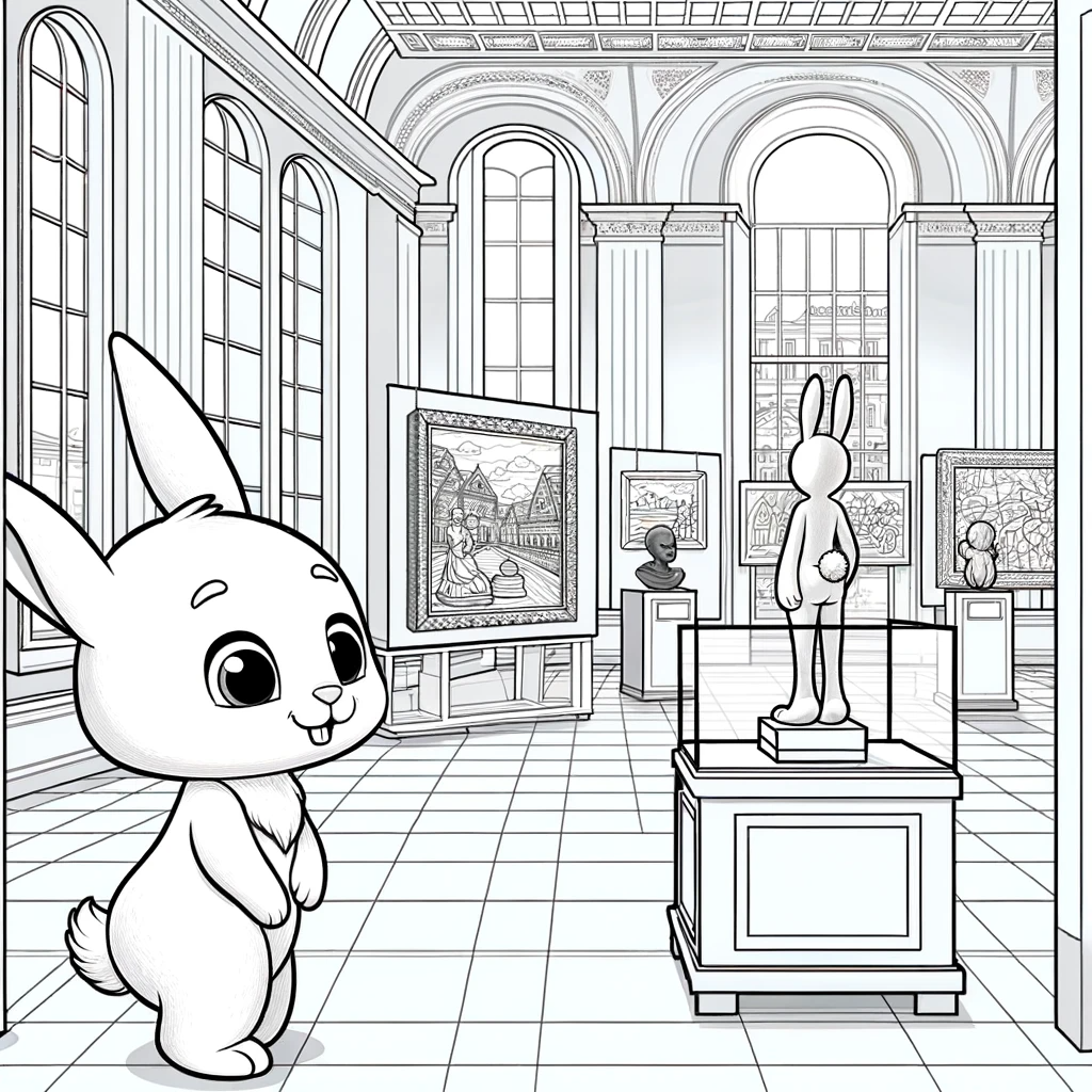 Rabbit in art gallery color sheet for children's coloring page