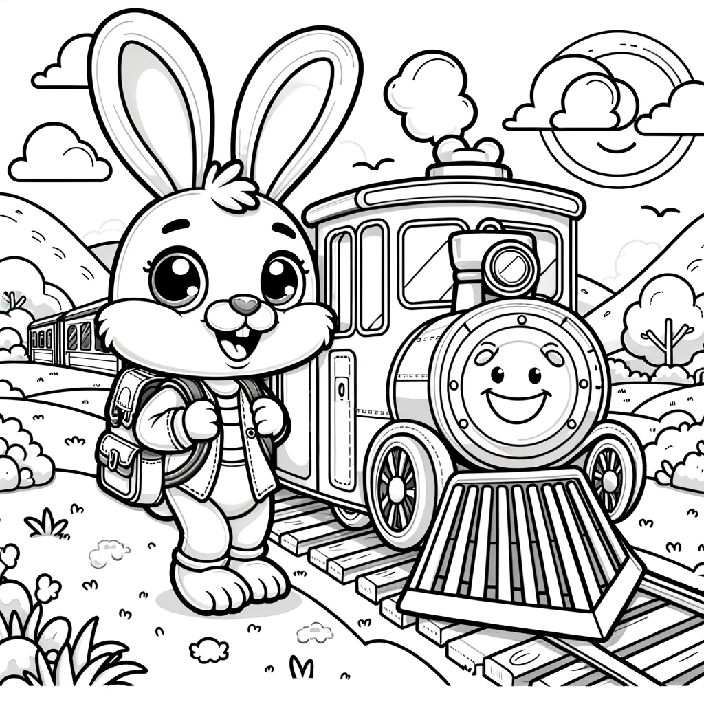 Coloring sheet of a happy bunny with train - color page for kids