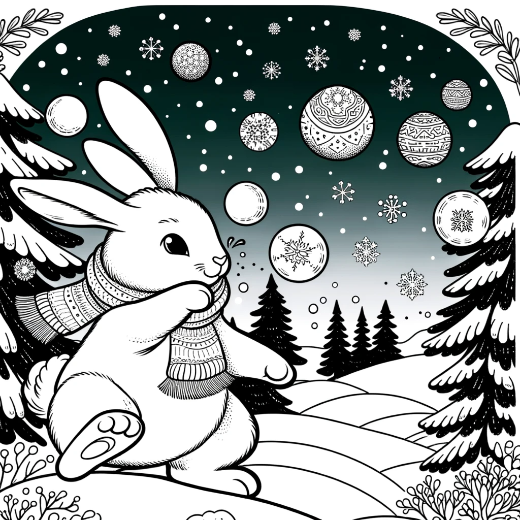Winter Rabbit - Kids' color sheet, color page with a rabbit watching snowflakes
