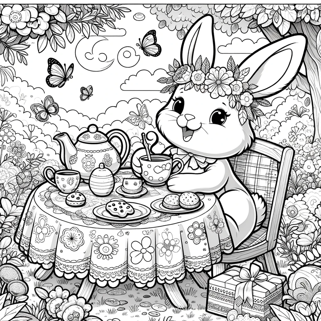 Printable rabbit tea party color sheet for kids