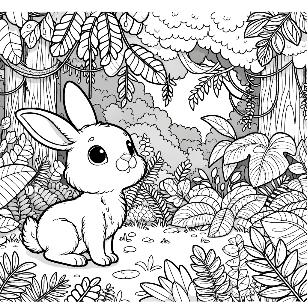 Intricate bunny in the forest color sheet for children to enhance creativity
