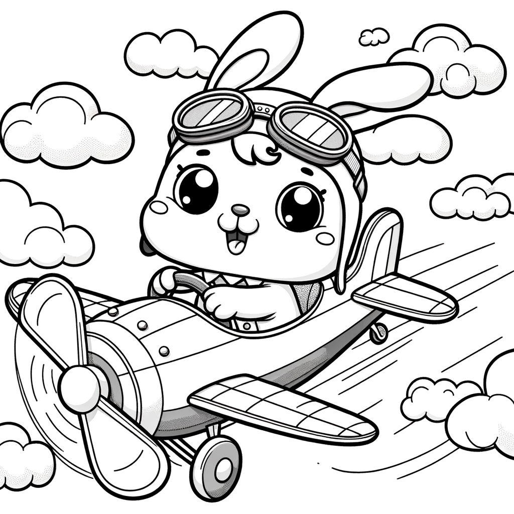 Cute rabbit pilot color sheet, bunny flying an airplane color page