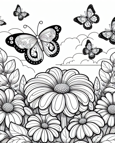 Beautiful butterfly and flower color sheet, ideal color page for kids