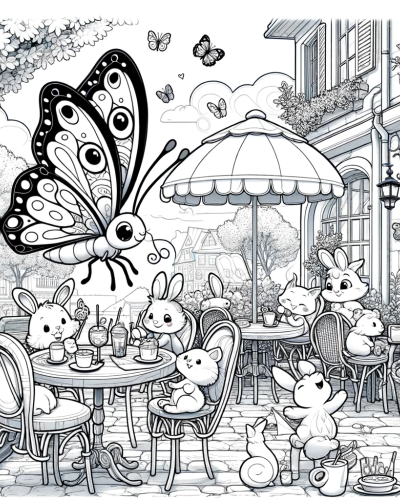 Enchanting butterfly and bunnies caf� scene color sheet