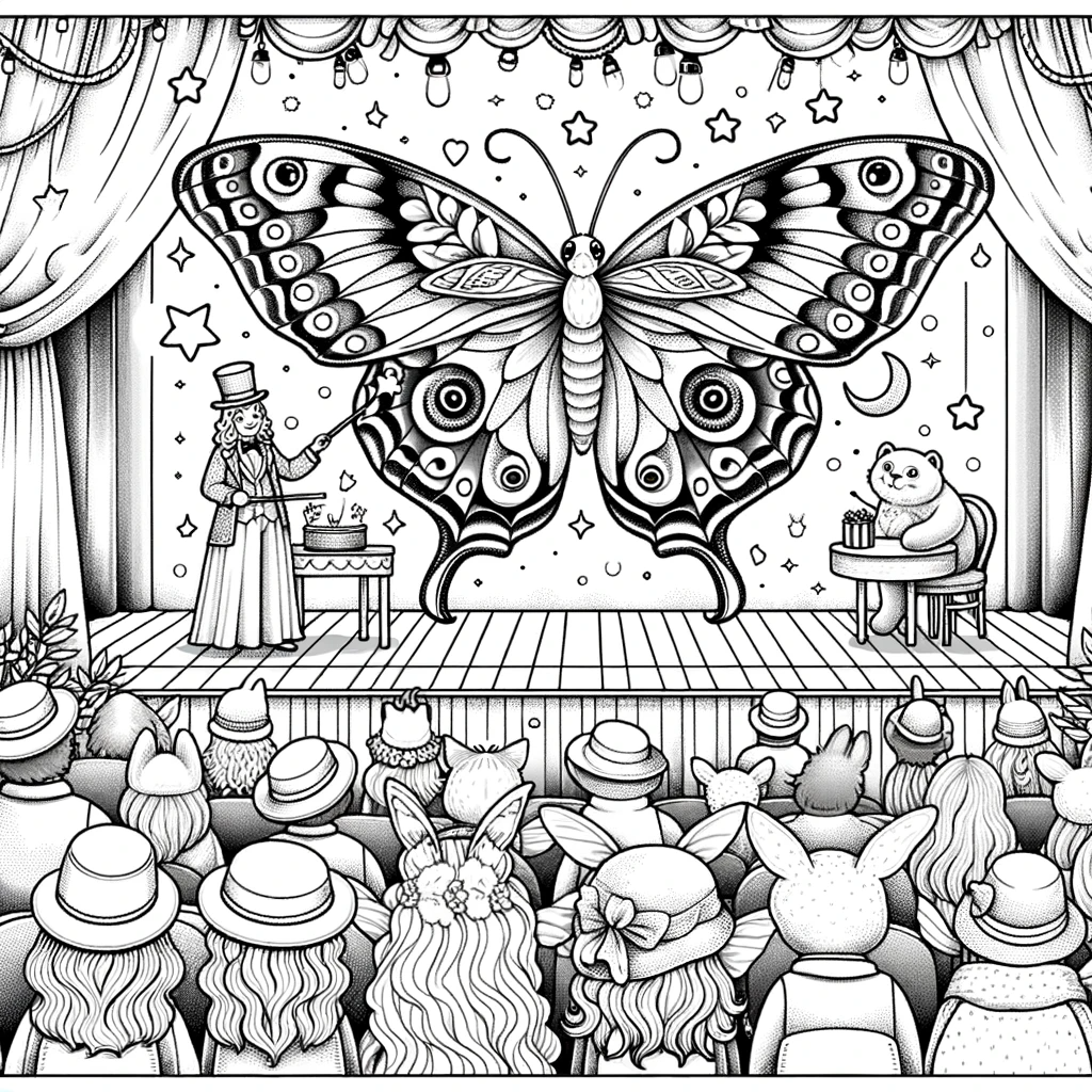 Enchanting stage scene with butterfly and audience color sheet, perfect for children�s color page activity