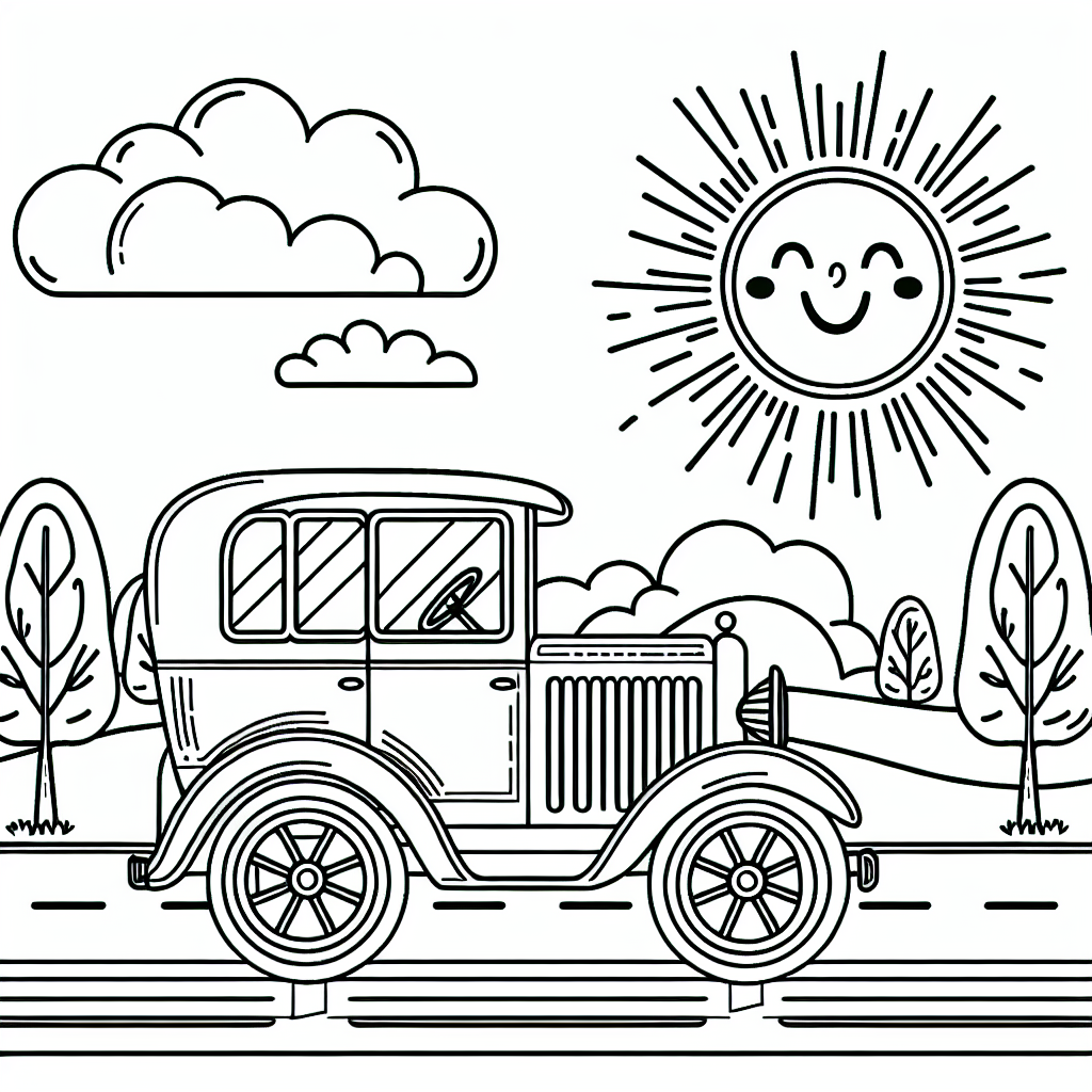 Vintage car driving scene color sheet, fun color page for kids