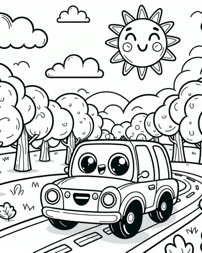 A cheerful car and sun color sheet, fun color page for kids