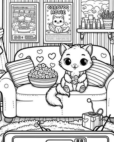 A charming cat watching TV color sheet for creative fun