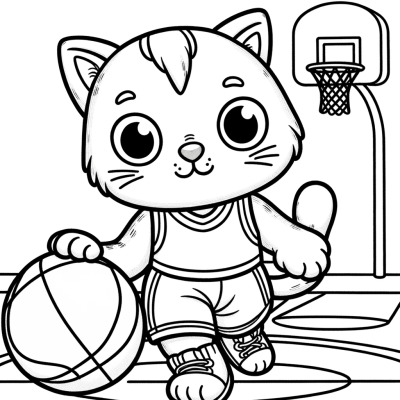 Coloring Page: Charming Cat Basketball Color Page for Kids
